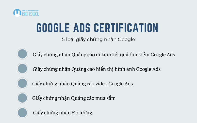 5 loại chứng chỉ của Google Ads Certification